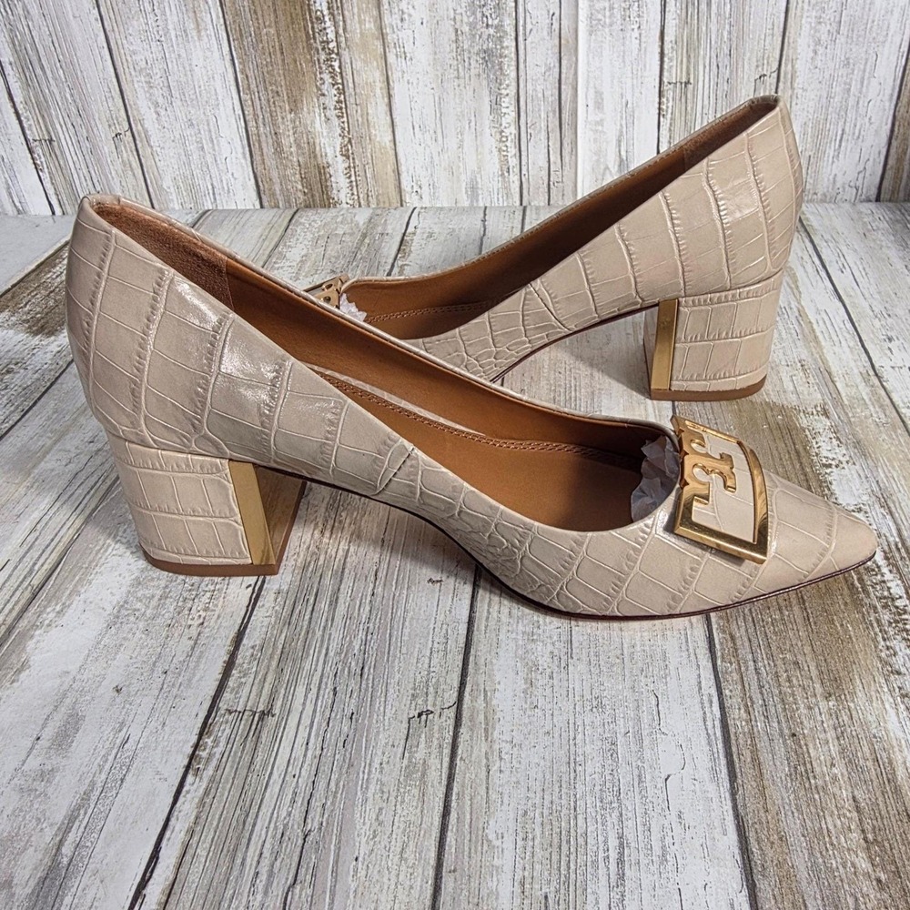 Tory Burch Eleanor Beige Croc Embossed Leather Pointed Toe Block Heel Pumps 5M - Picture 4 of 15